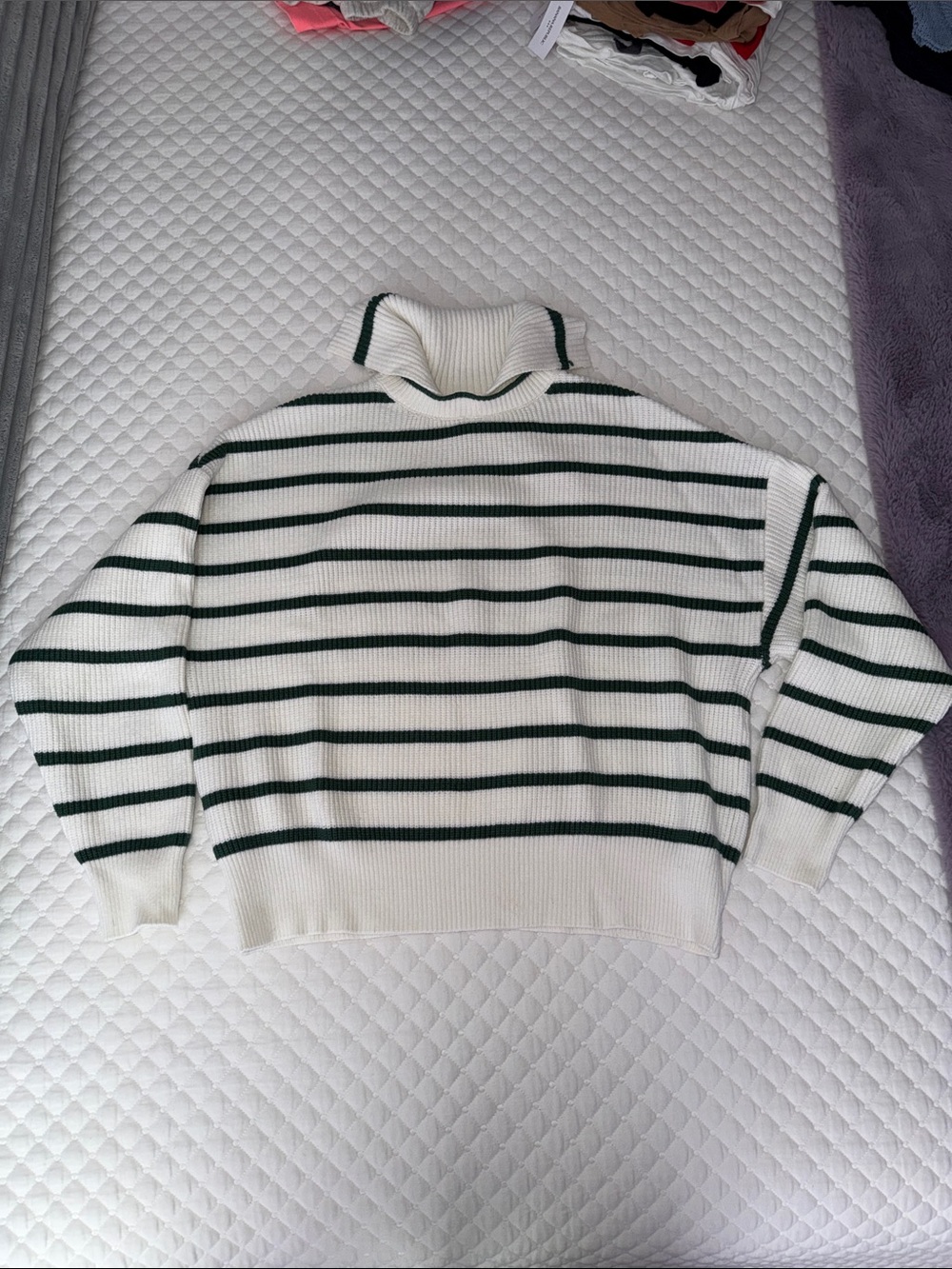Women’s White & Dark Green Striped Turtleneck Sweater